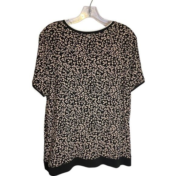 DKNY Women Large Leopard Print Short Sleeve Top Contrasting Trim Black & Beige - Picture 3 of 8